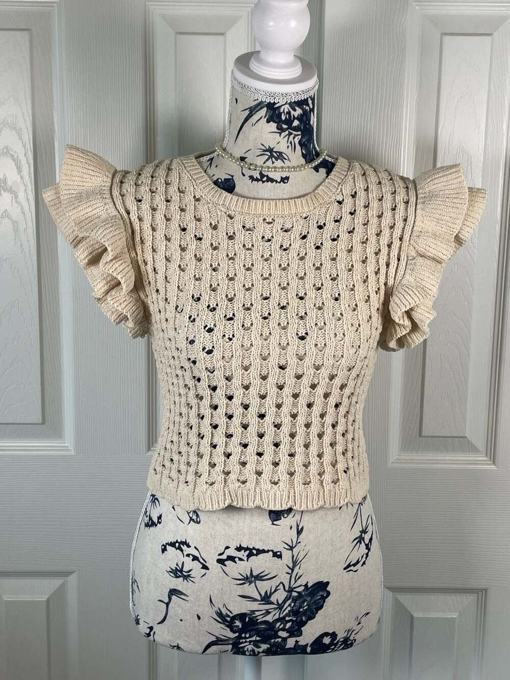 The Vintage Shop Cream Open Sweater Knit Ruffle Sleeve Top Sz M
